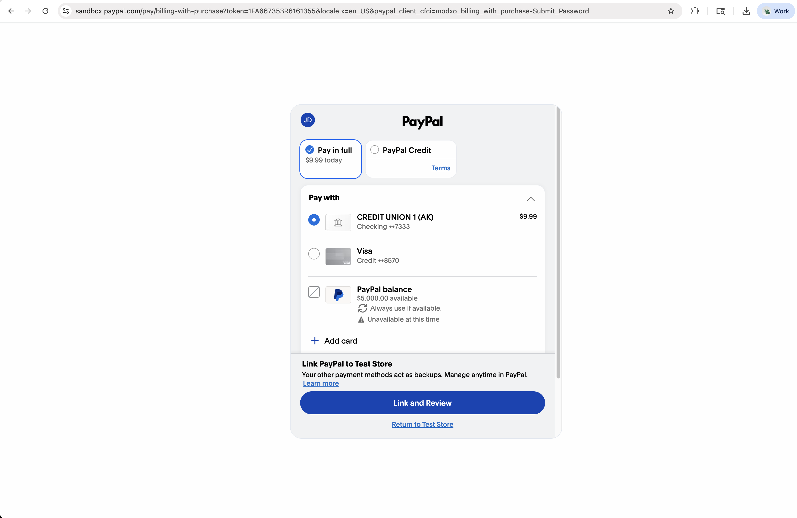 PayPal sandbox hosted checkout for a vault order. The Pay in full panel shows $9.99 today. The CTA button reads Link and Review. The footer caption reads Link PayPal to Test Store with no mention of recurring charges.